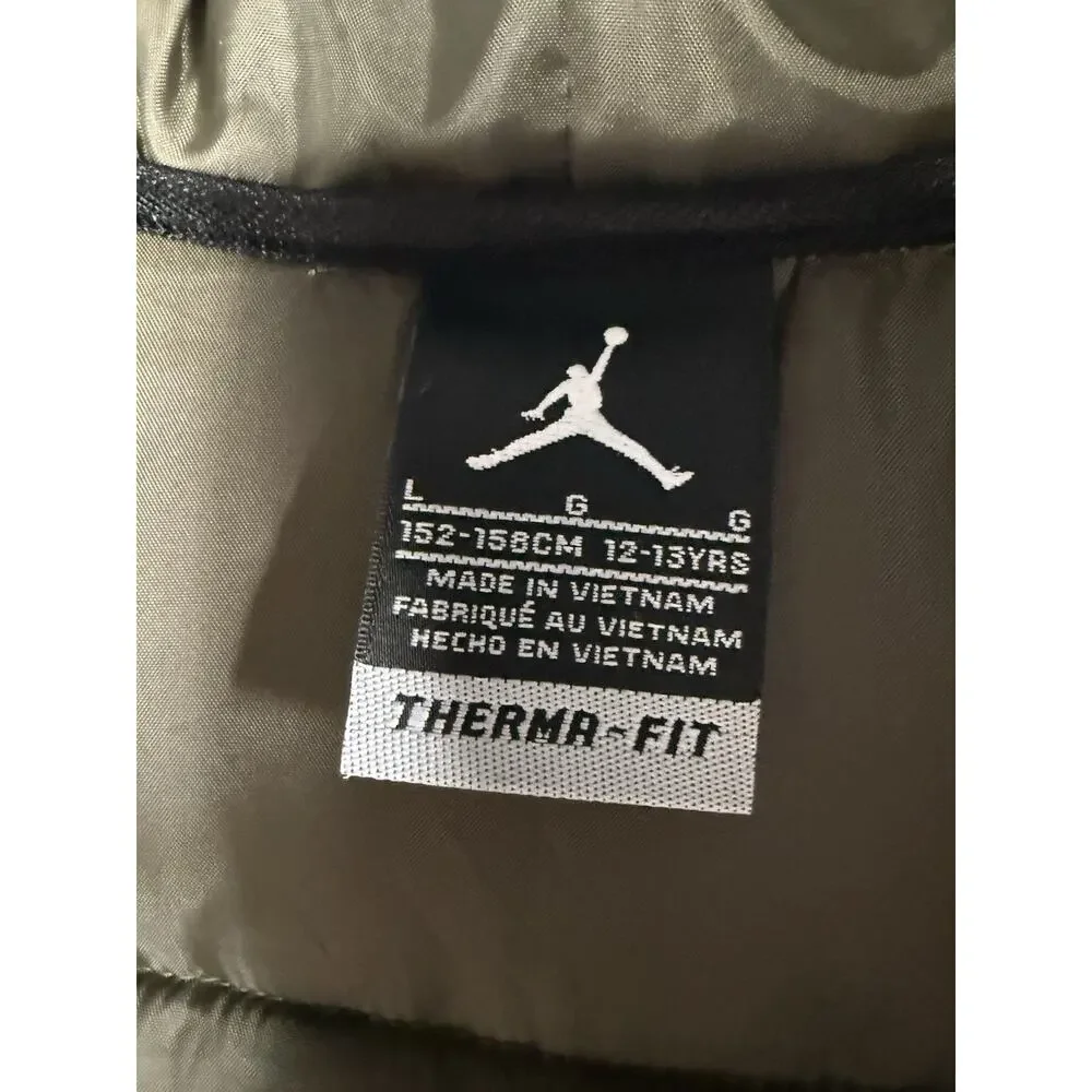 NIKE AIR JORDAN Puffer Vest Hoodie Jacket L 12-13 Yrs Black Therma Fit Spell Out
